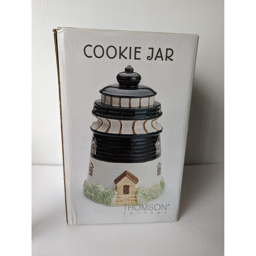 Vintage NIB Rare HTF Thomson Pottery Lighthouse Cookie Jar & Lid Nautical NOS